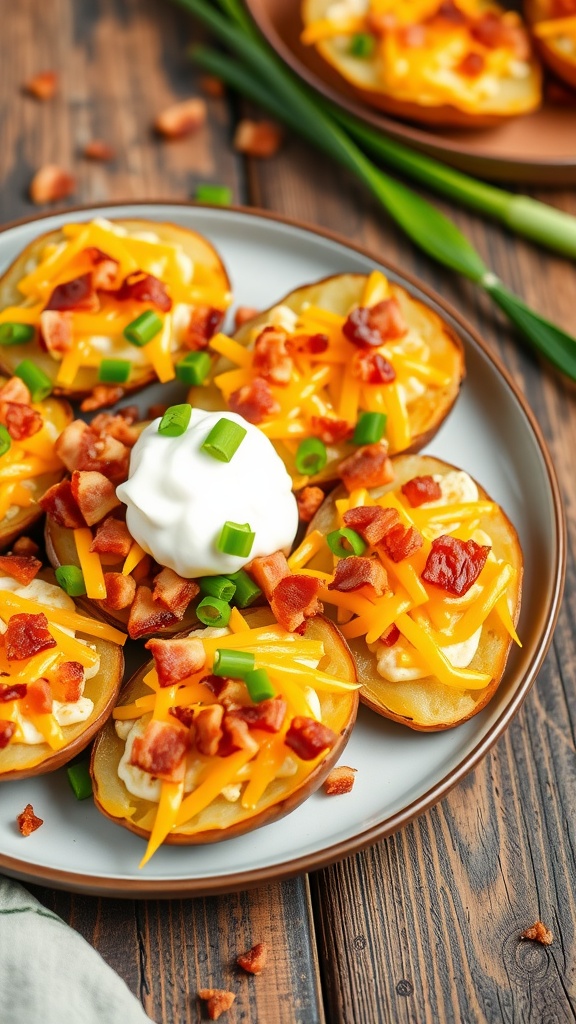 Loaded potato skins with cheese, bacon, and sour cream on a rustic wooden plate.